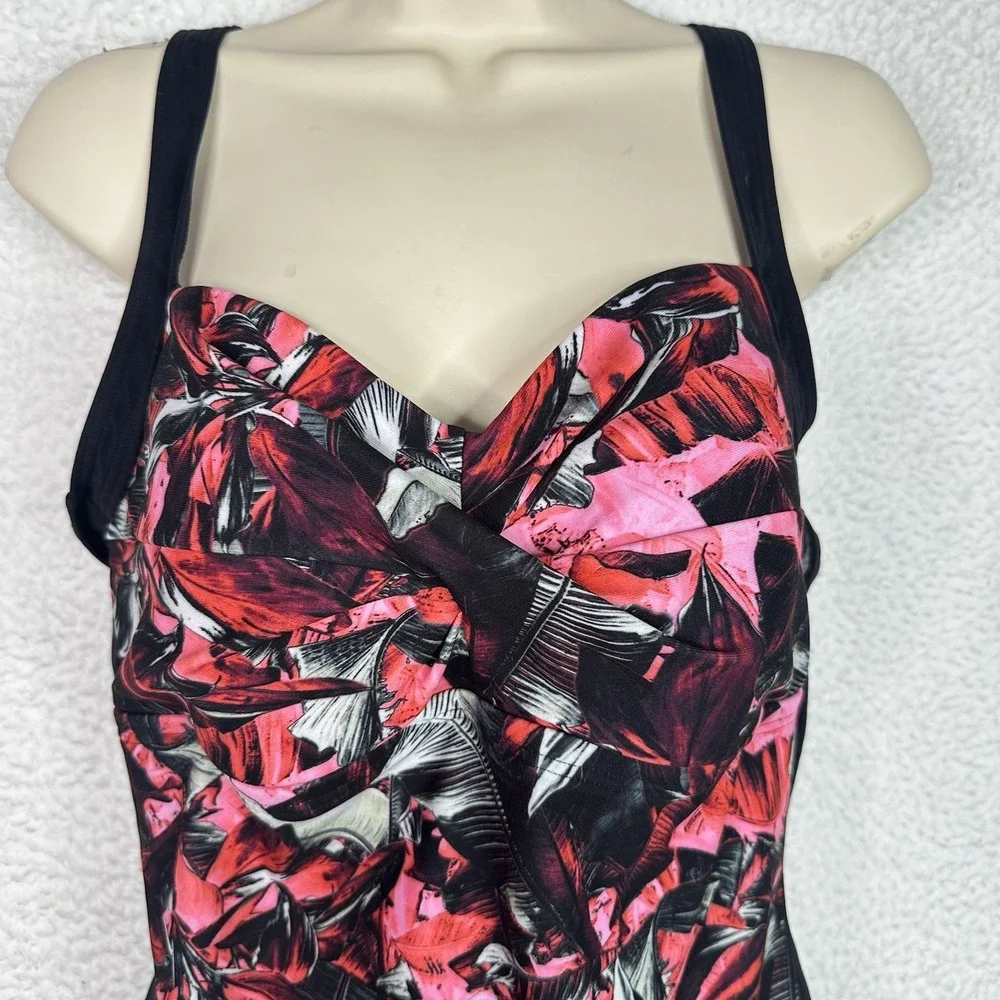 Gabar One Piece Swimsuit Women's Size 14 Tummy Control Black Pink Floral Ruched